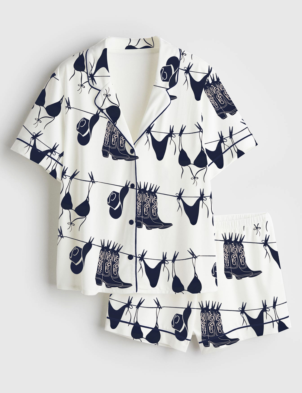 Womenâ€™s Coastal Western Cowgirl Bikini Art Print Navy Bikini Hanging Beach Print Short Sleeve Satin Pajama Set