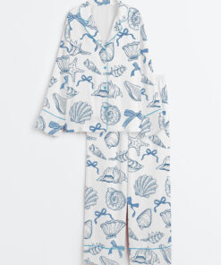 Women's Coastal Whimsical Style Coquette Seashell Summer Vibes Long Sleeve Satin Pajama Set