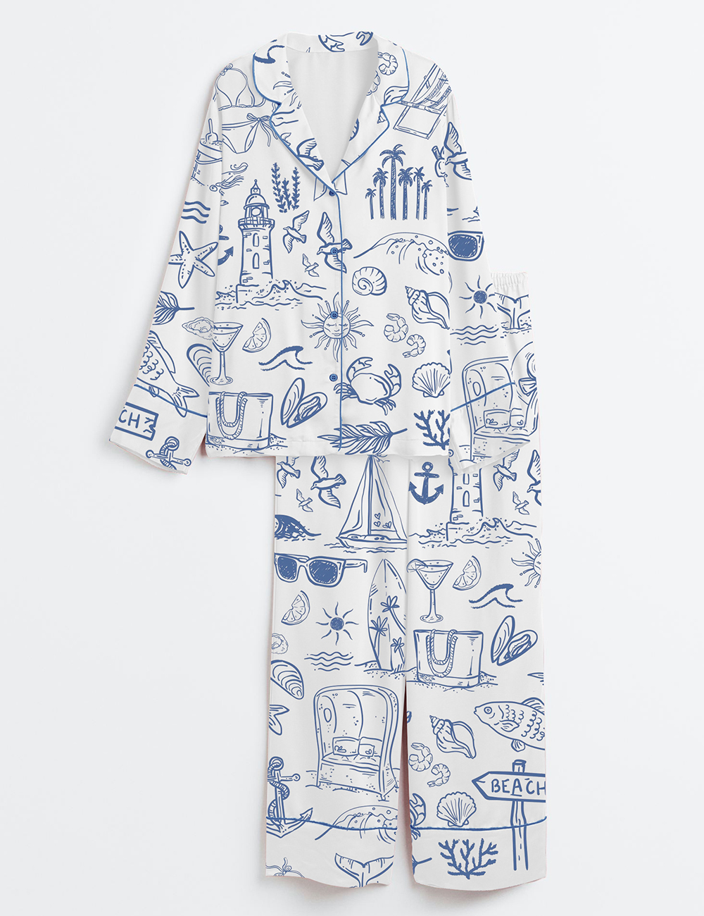 Women's Coastal Whimsical Style Summer Beach Long Sleeve Satin Pajamas Set