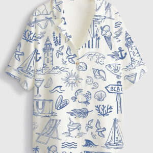 Womenâ€™s Coastal Whimsical Style Summer Beach Short Sleeve Linen Blend Hawaiian Shirt