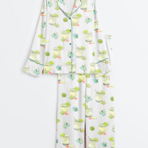 Women's Cocktail Cactus Western Wine Lemon Long Sleeve Satin Pajama Set