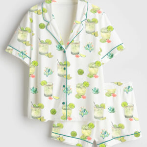 Womenâ€™s Cocktail Cactus Western Wine Lemon Short Sleeve Satin Pajama Set