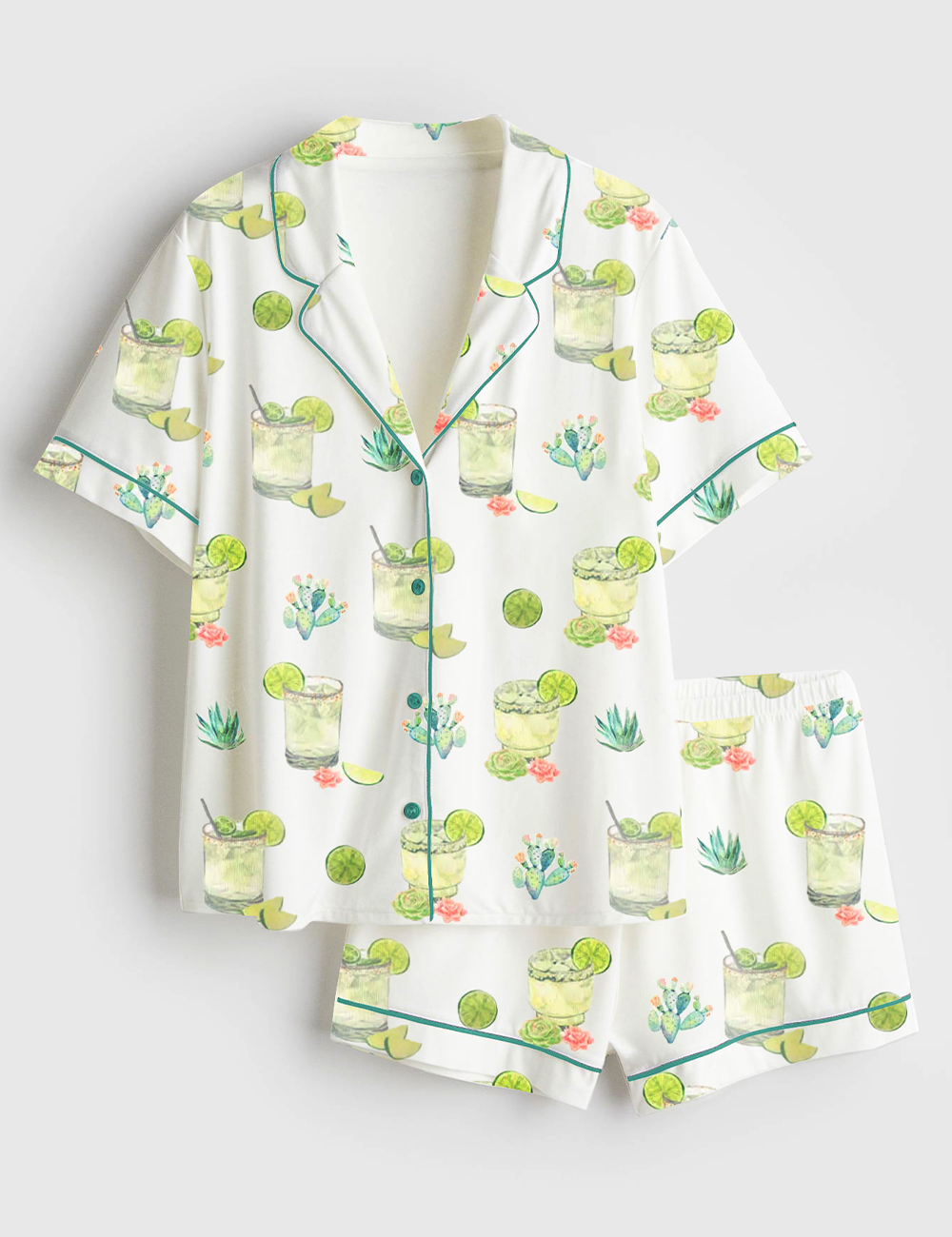 Womenâ€™s Cocktail Cactus Western Wine Lemon Short Sleeve Satin Pajama Set