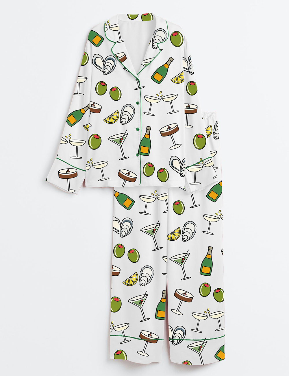 Women's Cocktail Hour Olives Oysters Cheers Tini Time Champagne Print Long Sleeve Satin Pajama Set