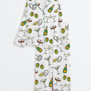 Women's Cocktail Hour Olives Oysters Cheers Tini Time Champagne Print Long Sleeve Satin Pajama Set