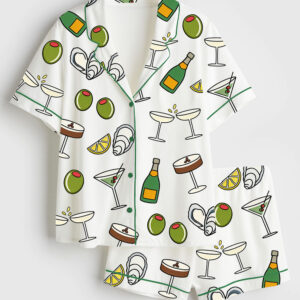 Womenâ€™s Cocktail Hour Olives Oysters Cheers Tini Time Champagne Print Short Sleeve Satin Pajama Set