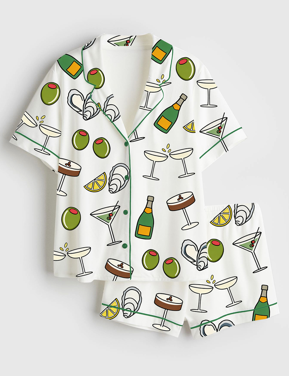 Women's Cocktail Hour Olives Oysters Cheers Tini Time Champagne Print Short Sleeve Satin Pajama Set