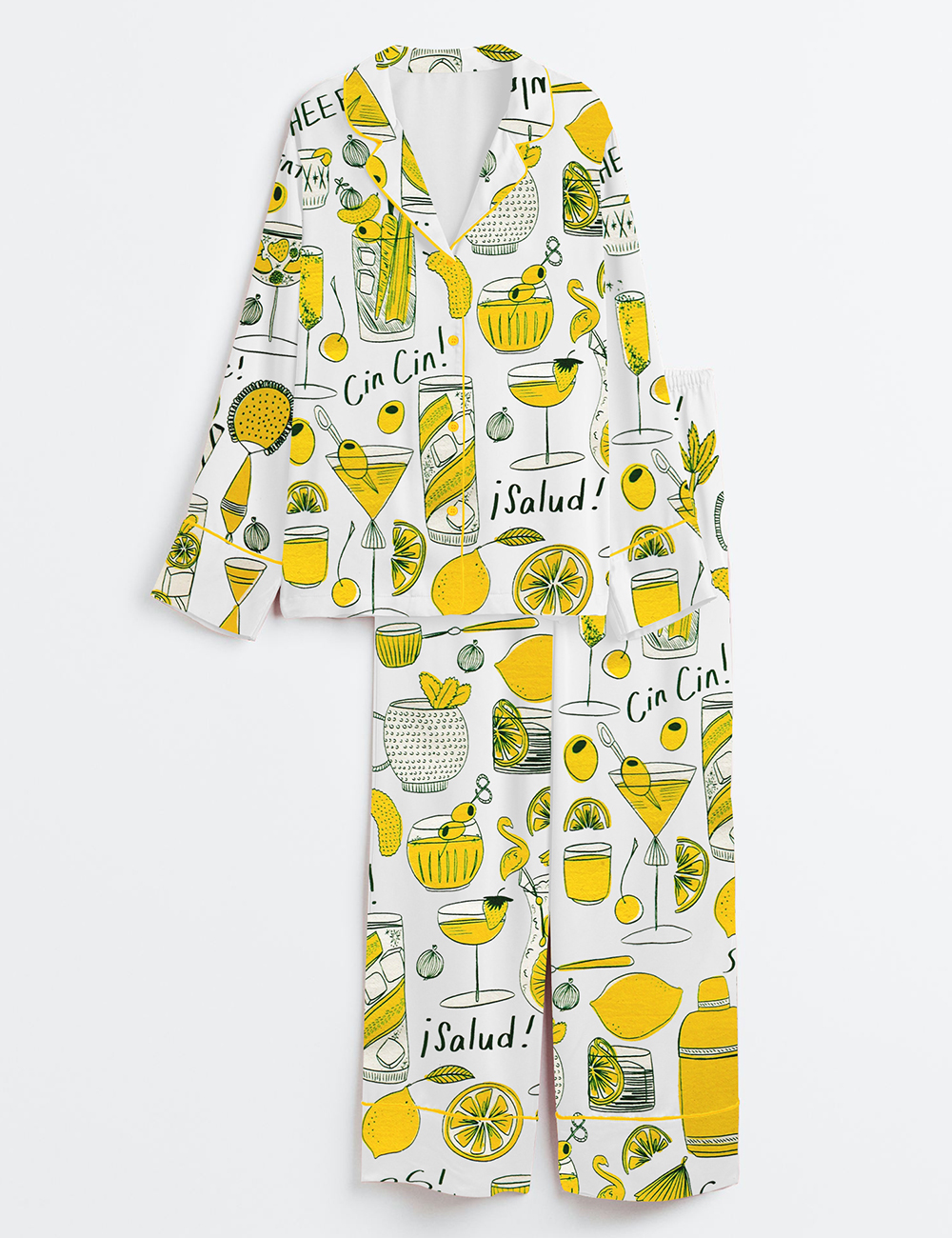 Women's Cocktail Party Cheers Salud Long Sleeve Satin Pajama Set