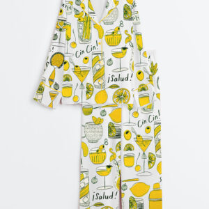 Women's Cocktail Party Cheers Salud Long Sleeve Satin Pajamas Set