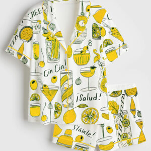 Women's Cocktail Party Cheers Salud Short Sleeve Satin Pajama Set