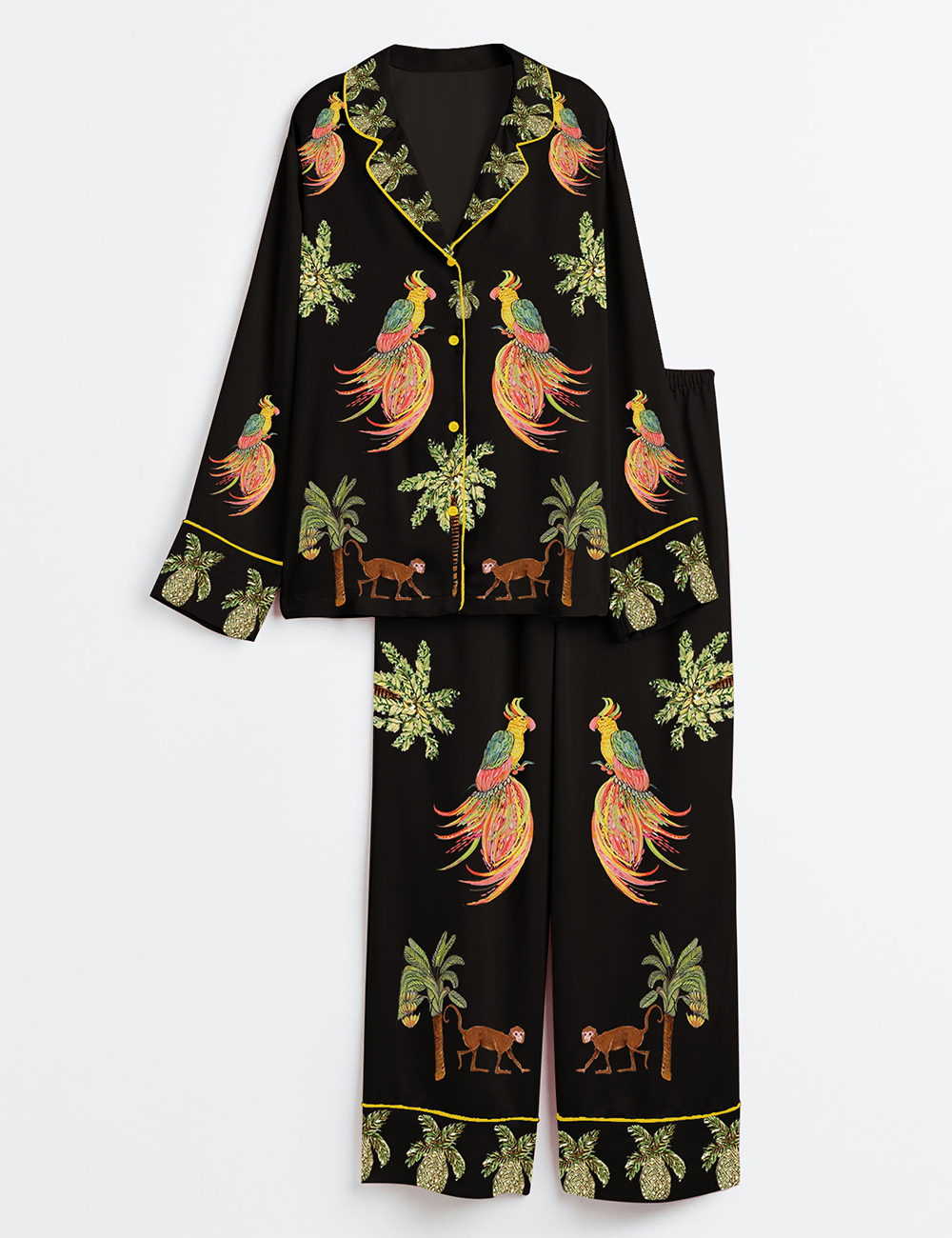 Womenâ€™s Coconut Tree Peacock Monkey Plant Long Sleeve Satin Pajama Set