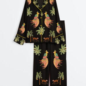 Women's Coconut Tree Peacock Monkey Plant Long Sleeve Satin Pajamas Set