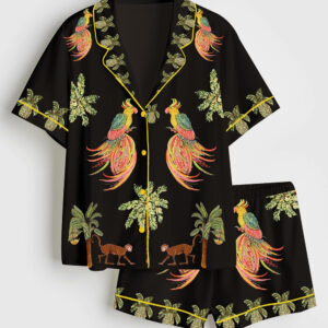 Women's Coconut Tree Peacock Monkey Plant Short Sleeve Satin Pajama Set
