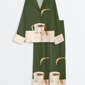 Women's Coffee Diver Funny Coffee Lover Art Print Long Sleeve Satin Pajamas Set