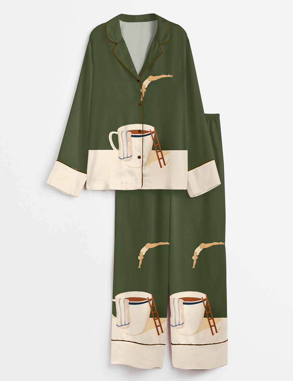 Women's Coffee Diver Funny Coffee Lover Art Print Long Sleeve Satin Pajamas Set