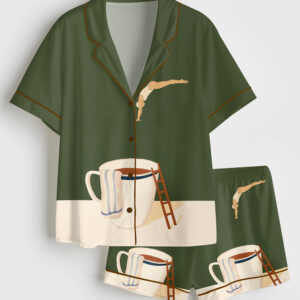 Womenâ€™s Coffee Diver Funny Coffee Lover Art Print Short Sleeve Satin Pajama Set