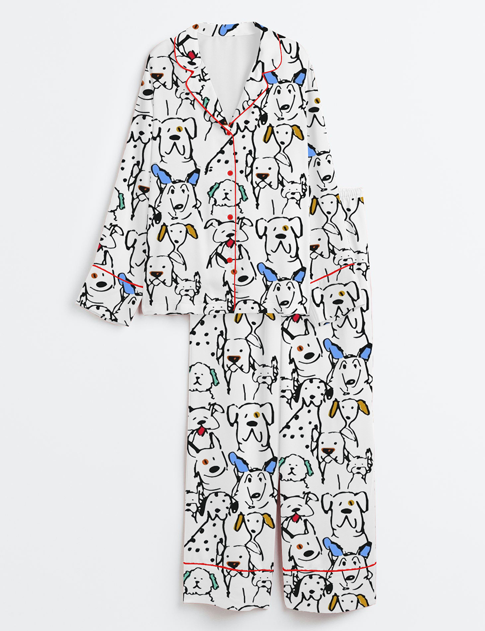 Womenâ€™s Color Pop Doodle Dogs Cute Dogs Print Long Sleeve Satin Pajama Set