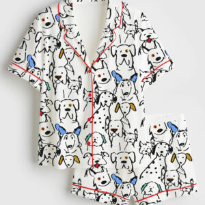 Womenâ€™s Color Pop Doodle Dogs Cute Dogs Print Short Sleeve Satin Pajama Set