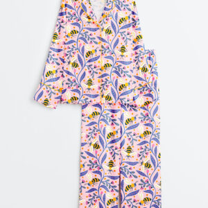 Women's Colorful Bees And Flowers Long Sleeve Satin Pajamas Set