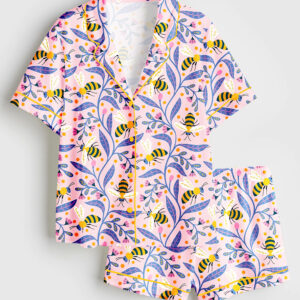 Women's Colorful Bees And Flowers Short Sleeve Satin Pajama Set