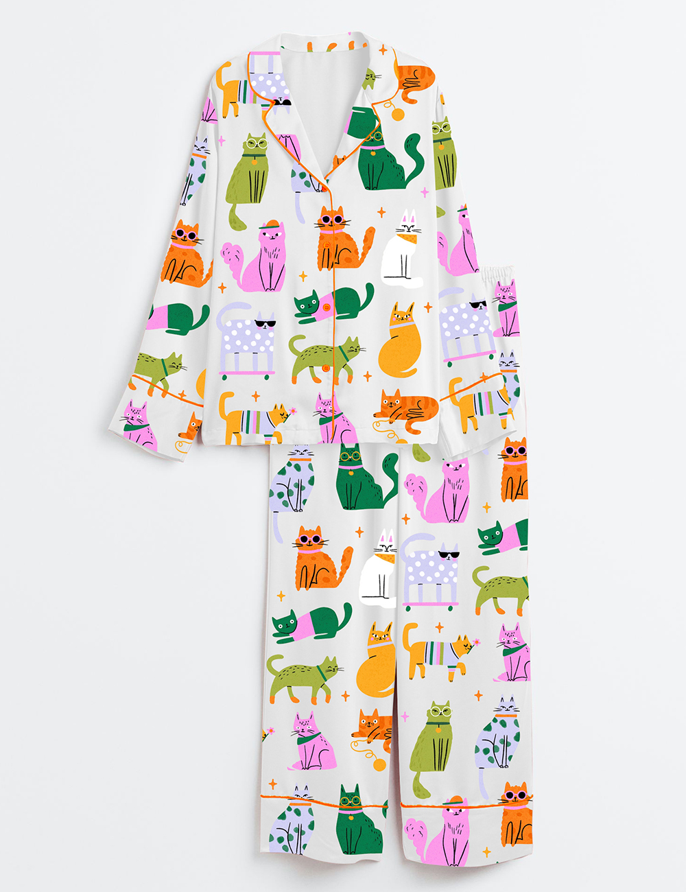 Women’s Colorful Cat Art Print Long Sleeve Satin Pajama Set