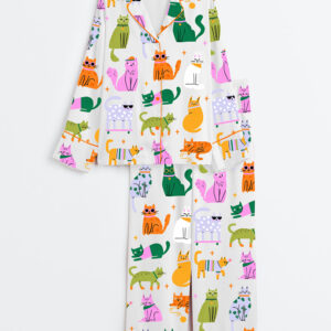 Women's Colorful Cat Art Print Long Sleeve Satin Pajamas Set