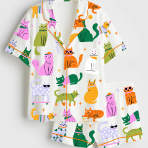 Womenâ€™s Colorful Cat Art Print Short Sleeve Satin Pajama Set