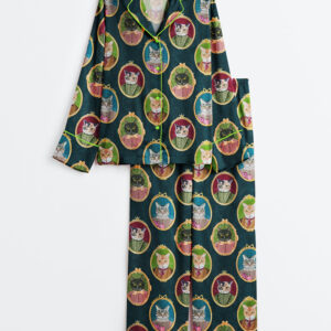 Womenâ€™s Colorful Cat Cameos Long Sleeve Satin Pajama Set