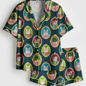 Womenâ€™s Colorful Cat Cameos Short Sleeve Satin Pajama Set