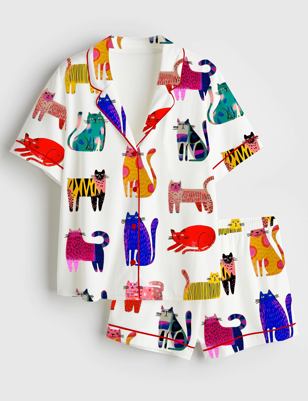 Womenâ€™s Colorful Cats Short Sleeve Satin Pajama Set