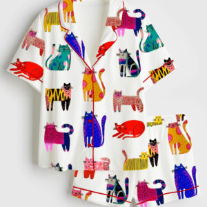 Women's Colorful Cats Short Sleeve Satin Pajama Set