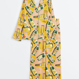Women's Colorful Champagne Glasses Abstract Long Sleeve Satin Pajama Set