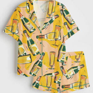 Women's Colorful Champagne Glasses Abstract Short Sleeve Satin Pajama Set