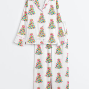 Women's Colorful Coquette Glitter Christmas Tree Festive Coquette Bow Long Sleeve Satin Pajamas Set