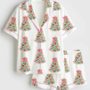 Womenâ€™s Colorful Coquette Glitter Christmas Tree Festive Coquette Bow Short Sleeve Satin Pajama Set