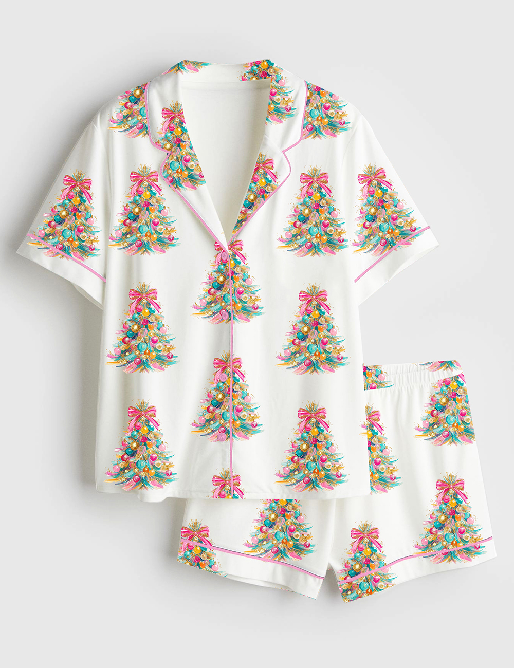 Womenâ€™s Colorful Coquette Glitter Christmas Tree Festive Coquette Bow Short Sleeve Satin Pajama Set