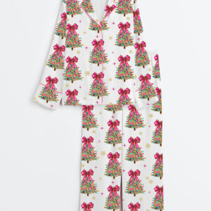 Womenâ€™s Colorful Coquette Glitter Christmas Tree Long Sleeve Satin Pajama Set