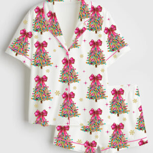 Womenâ€™s Colorful Coquette Glitter Christmas Tree Short Sleeve Satin Pajama Set