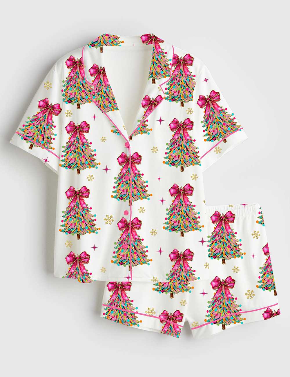 Womenâ€™s Colorful Coquette Glitter Christmas Tree Short Sleeve Satin Pajama Set