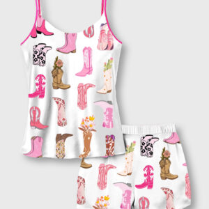 Women's Colorful Cowboy Boot Flowers Camisole Satin Pajama Set