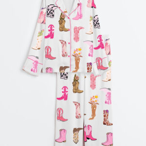 Women's Colorful Cowboy Boot Flowers Long Sleeve Satin Pajama Set