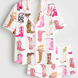 Women's Colorful Cowboy Boot Flowers Short Sleeve Satin Pajama Set