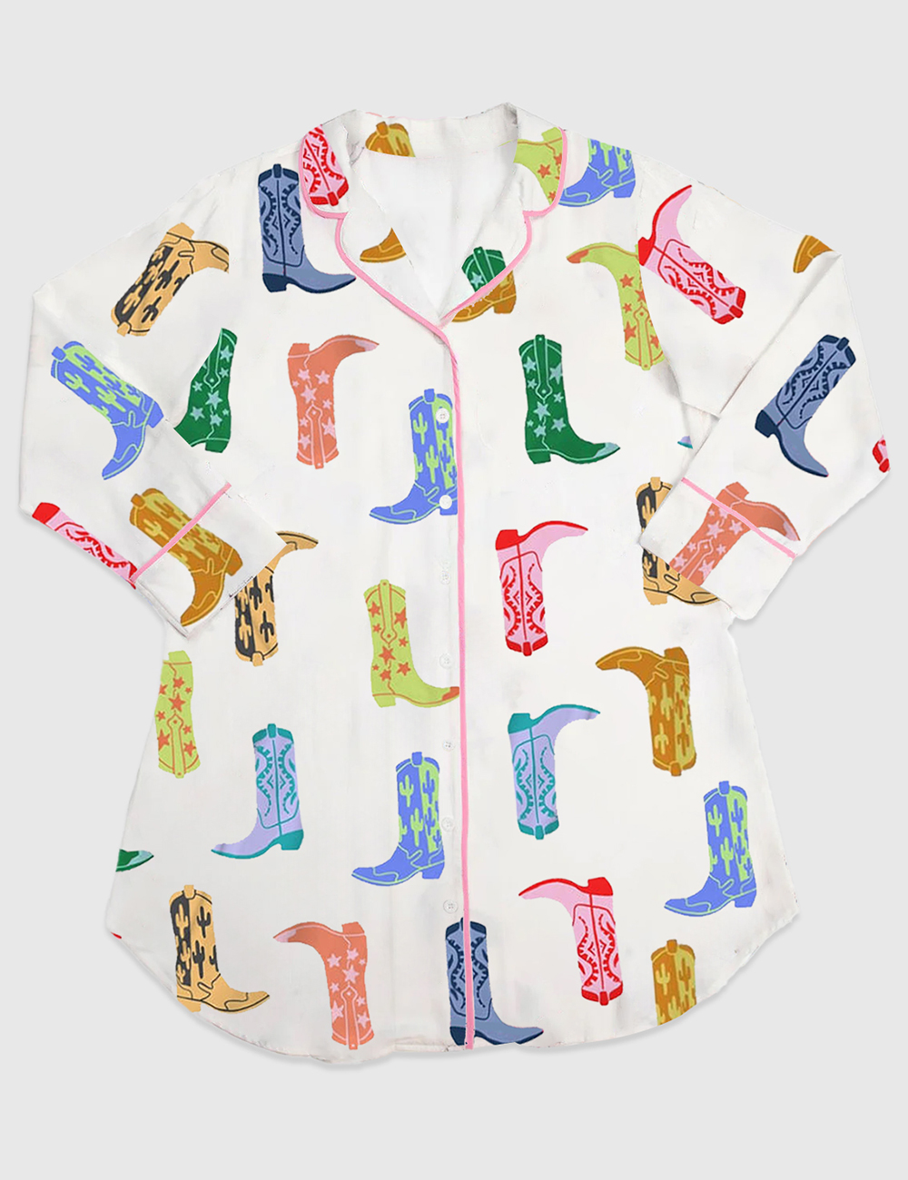 Women's Colorful Cowboy Boot Long Sleeve Satin Sleep Shirt