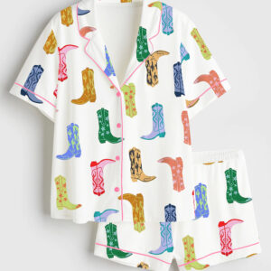 Women's Colorful Cowboy Boot Short Sleeve Satin Pajama Set