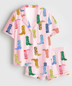 Women's Colorful Cowboy Boot Western Short Sleeve Satin Pajama Set