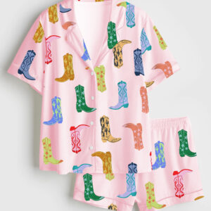 Women's Colorful Cowboy Boot Western Short Sleeve Satin Pajamas Set