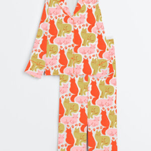 Women's Colorful Cute Cat Long Sleeve Satin Pajama Set