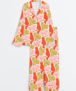 Women's Colorful Cute Cat Long Sleeve Satin Pajama Set