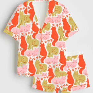 Women's Colorful Cute Cat Short Sleeve Satin Pajamas Set