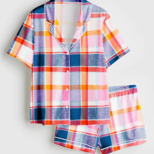 Women's Colorful Plaid Short Sleeve Satin Pajama Set